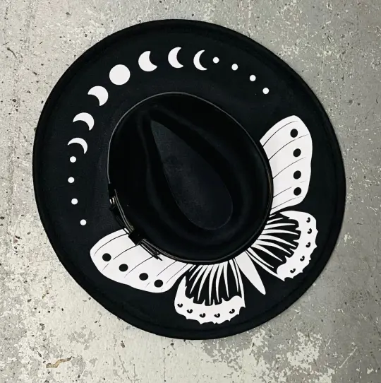 Moon Phase Moth Vegan Felt XL Wide Brim Hat