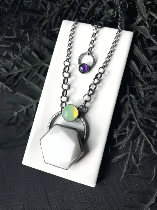 White Hexagon and Uranium Glass Orbit Pendant