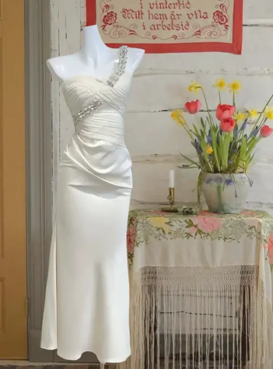 Ivory white one-shoulder beaded pleated fitted long ball gown R6233