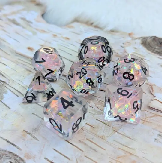 Moonlight Fantasy Dice Set – Clear Resin with Pink Iridescent Cellophane & Black Font