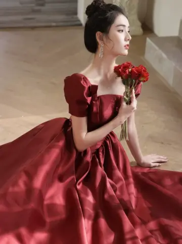 Elegant Burgundy Prom Dress ,A-Line Square Puff Sleeves Bodycon Maxi Evening Dress RS1018