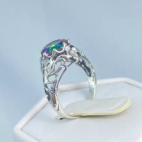 Natural Mystic Topaz Ring, Size 4.5, Daisy Filigree, Victorian Jewelry #D66 - Ready to Ship