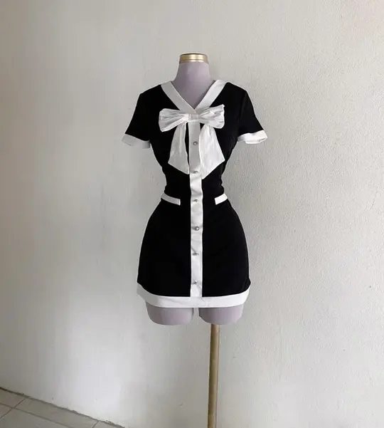 Black short skirt V-neck bow slim skirt homecoming dress R2509