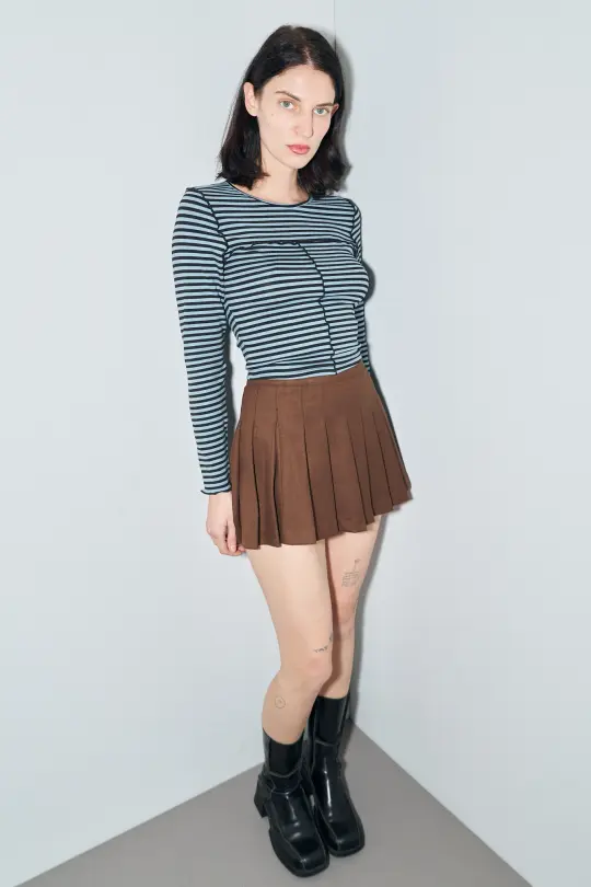 Brown Pleated Micro Mini Skirt