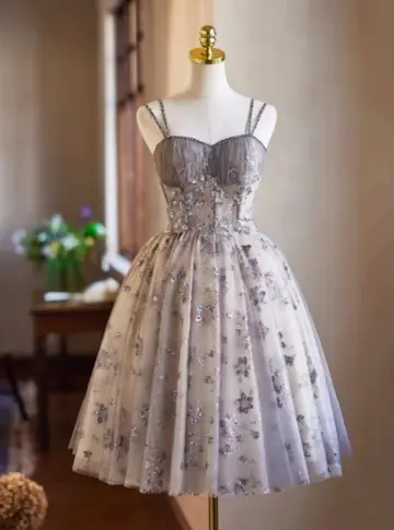 Charming Purple Homecoming Dress ,A-Line Spaghetti Straps Sequins Corset Short Prom Dress RS816