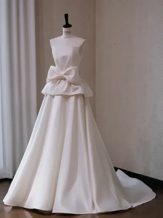White satin waist bow design A-line maxi bridal gown R5710