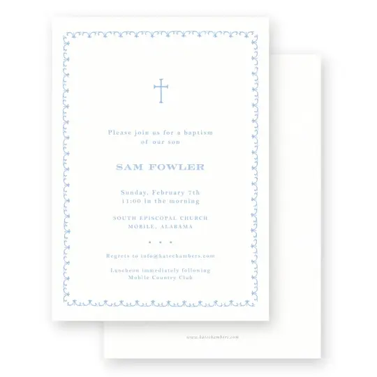 Blue & Grey Simple Cross with Detail Border Baptism Invitation