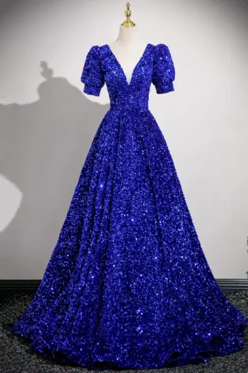 Elegant Navy Glitter A-Line V-neck Corset Maxi Evening Dress RS584