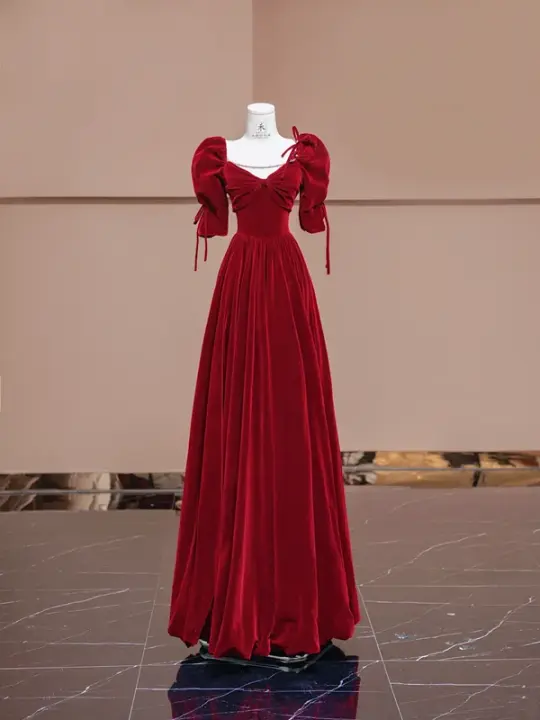Deep red square neckline fitted waist long ball gown, bridal dress R8383