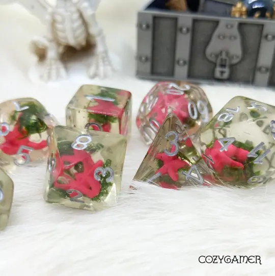 Seaweed Loving Starfish Dice Set. Pink Starfish and Moss 7 piece DnD Dice Set