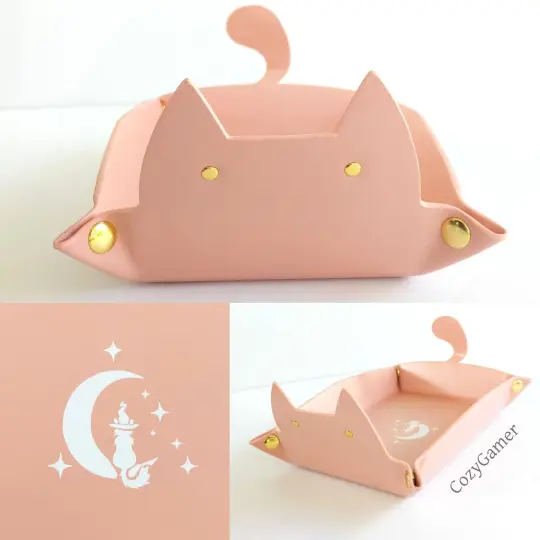 Cat Dice Tray in Light Pink | Foldable PU Leather Rolling Tray for DnD
