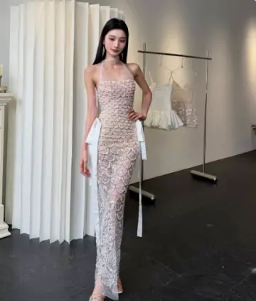 Niche French-style Sequin Sheath Halter Fish-scale Pattern Maxi Prom Dress RS321