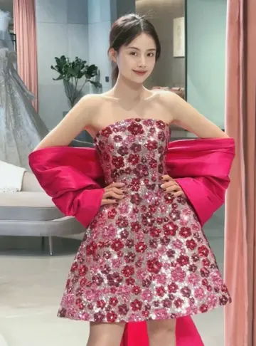 Lovely Pink Floral Homecoming Dress ,A-Line Strapless Large Bow Back Accessory Corset Short Prom Dress RS912