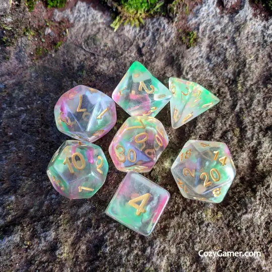 Charmer Dice Set – 7-Piece Pink Green Swirl Charisma DnD Dice