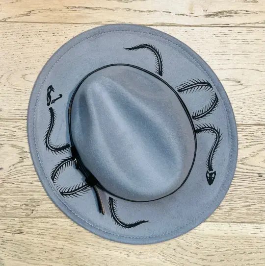 Grey Black Snake Skeleton Vegan Felt Wide Brim Hat