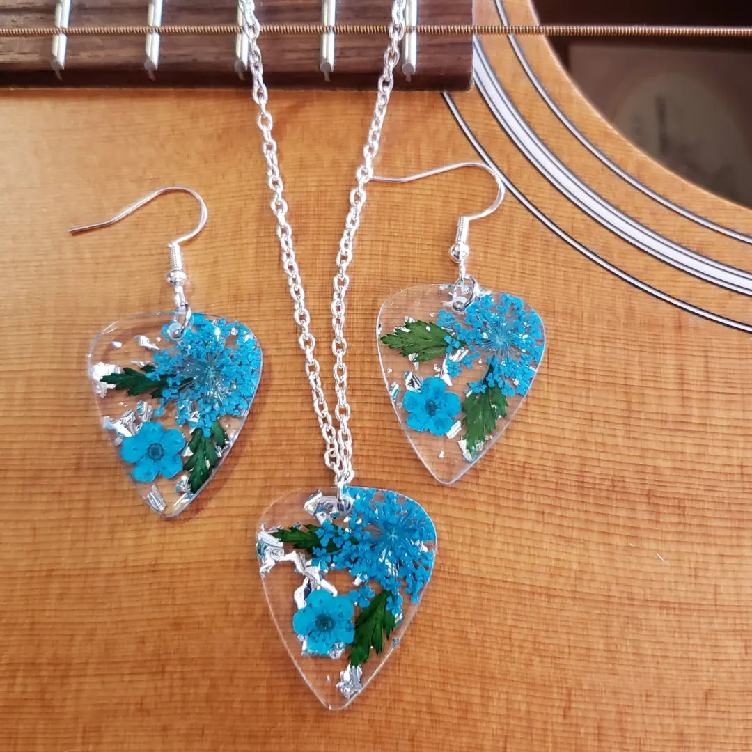 Custom Resin Flower Guitar Pick Necklace and Earrings