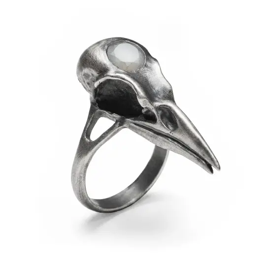 * Ready to Ship * The Second Sight. Crow Skull with Gray Moonstone Ring. Size 10.75