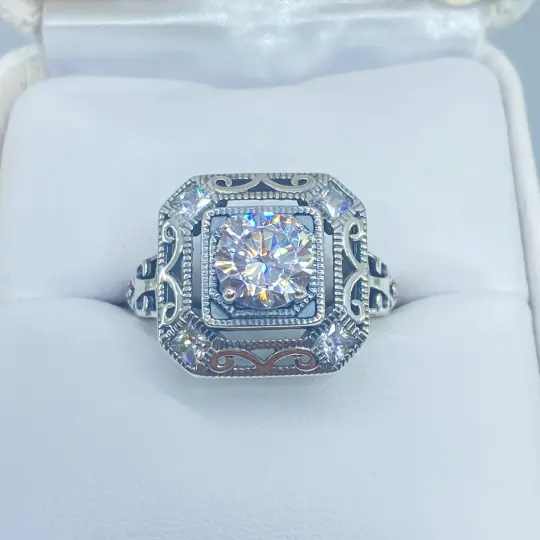 White CZ Art Deco Ring, Size 5, Faux Diamond 1930's Revival Jewelry #D68 - Ready to Ship