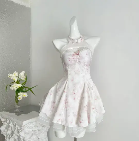 Elegant White Floral Homecoming Dress A-Line Halter Corset Mini Birthday Dress RS748