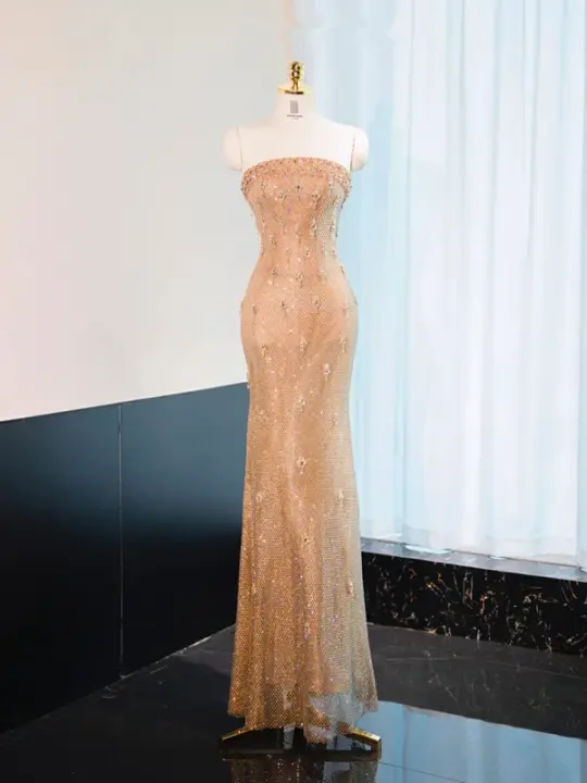 Gold strapless fitted long ball gown, bridal dress R8998