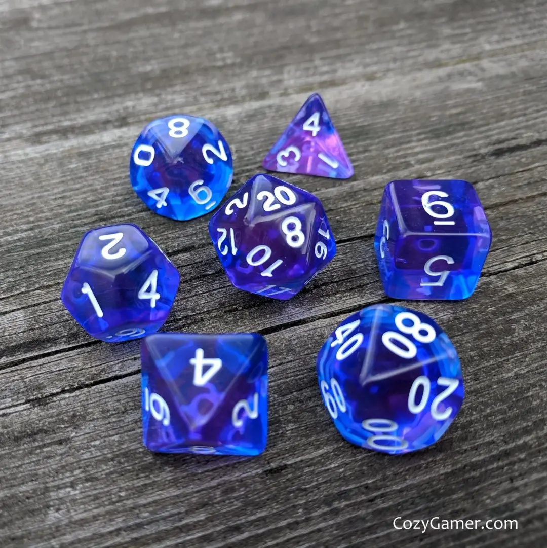 Purple Phoenix Dice Set – 7-Piece Translucent Blue Purple Polyhedral DnD Dice