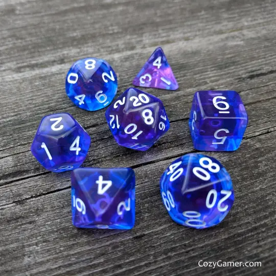 Purple Phoenix Dice Set – 7-Piece Translucent Blue Purple Polyhedral DnD Dice