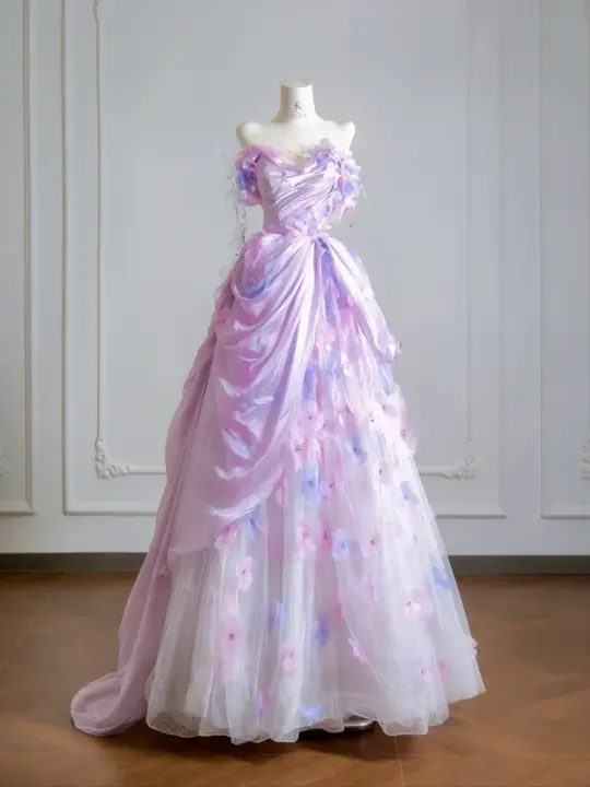 Light purple strapless, fitted waist, elegant long ball gown, bridal dress R8524