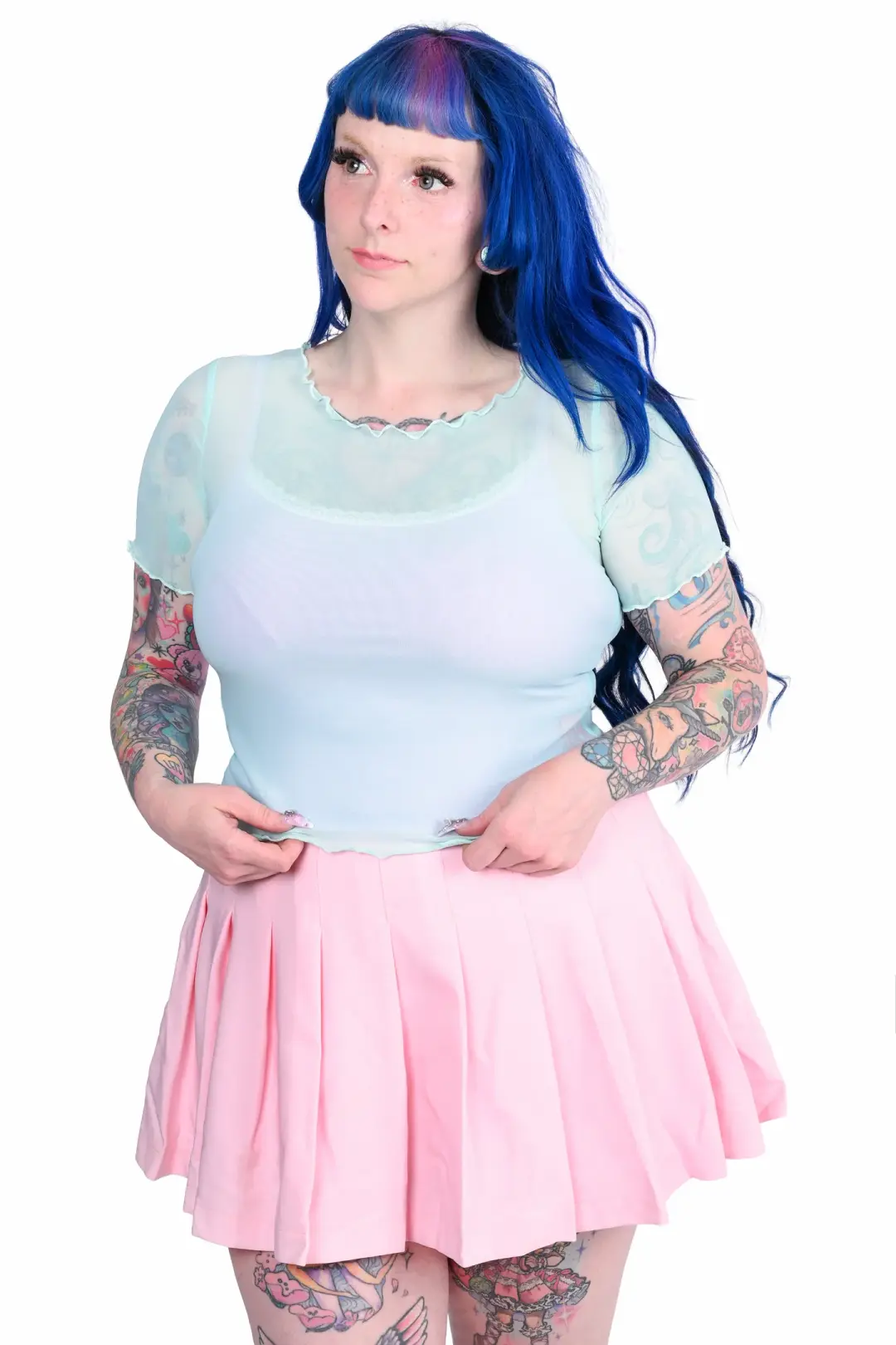 Basics Short Sleeve Mesh Top and Cami Set - Mint/Lavender