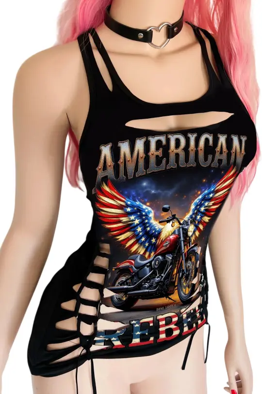American Rebel Motorcycle Sexy Graphic Biker Western Festival Slashed Tank Top