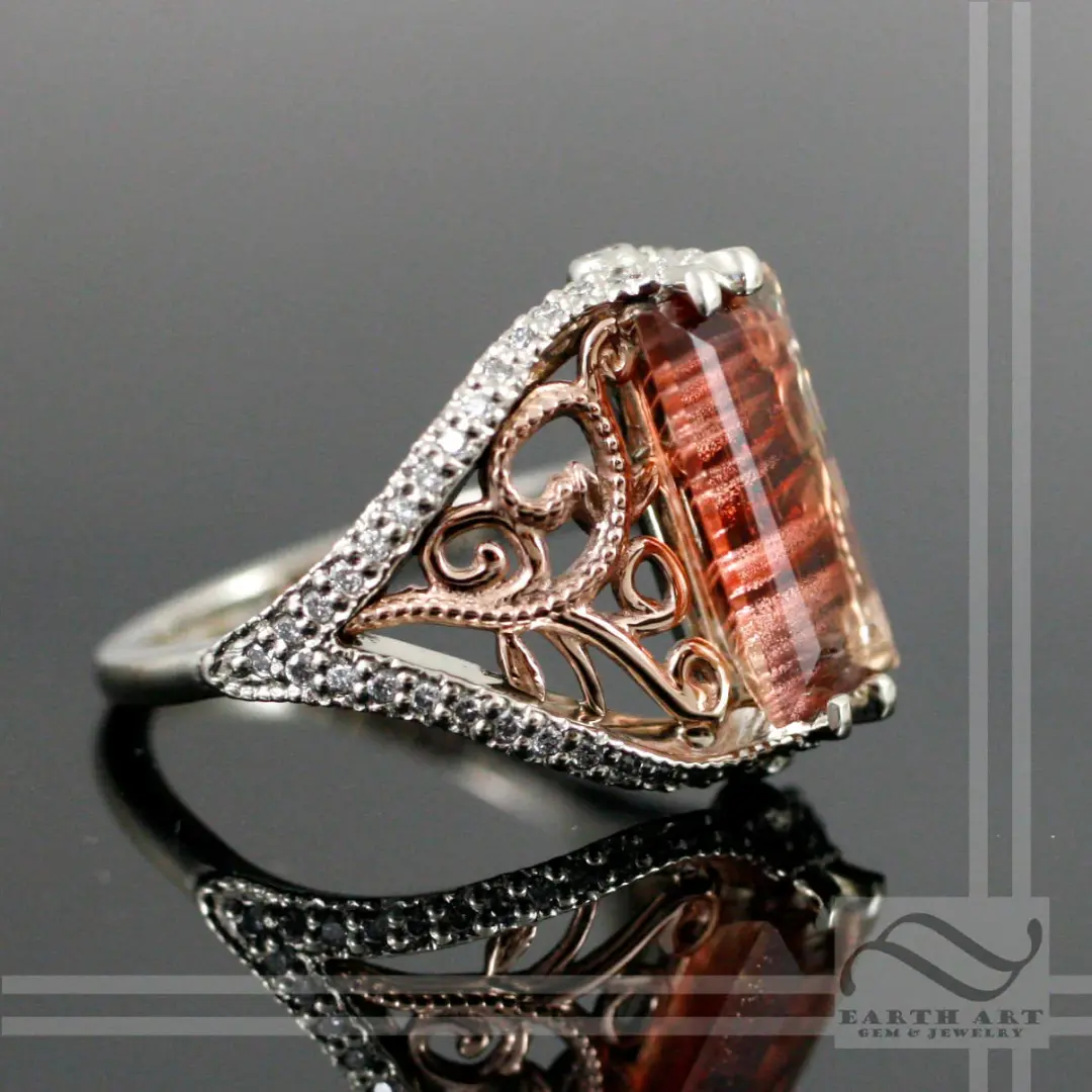Oregon Sunstone Leaf and Vine engagement Ring - 14k rose and white gold