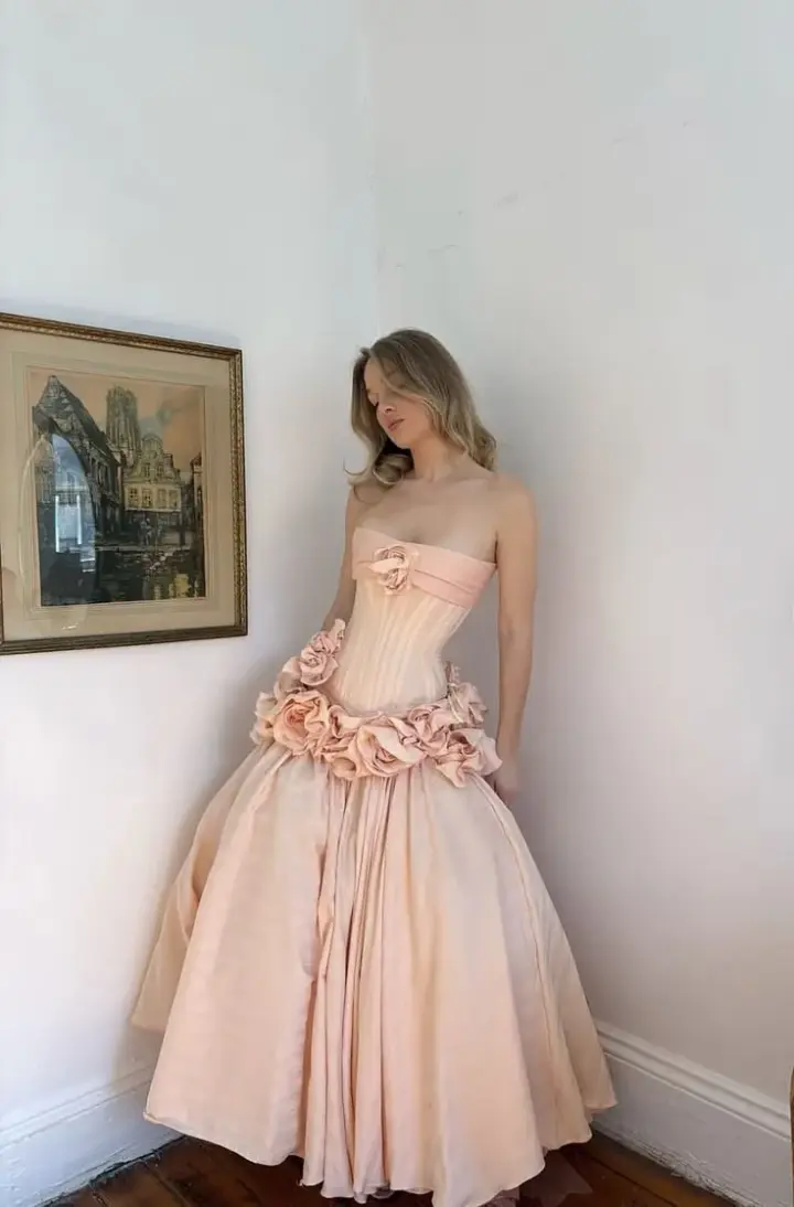 Gentle Silky 3D Floral Women's Prom Gown Blush Pink Corset Maxi Evening Dress Birthday Dress — Fall Outfit 2026 New RS3155