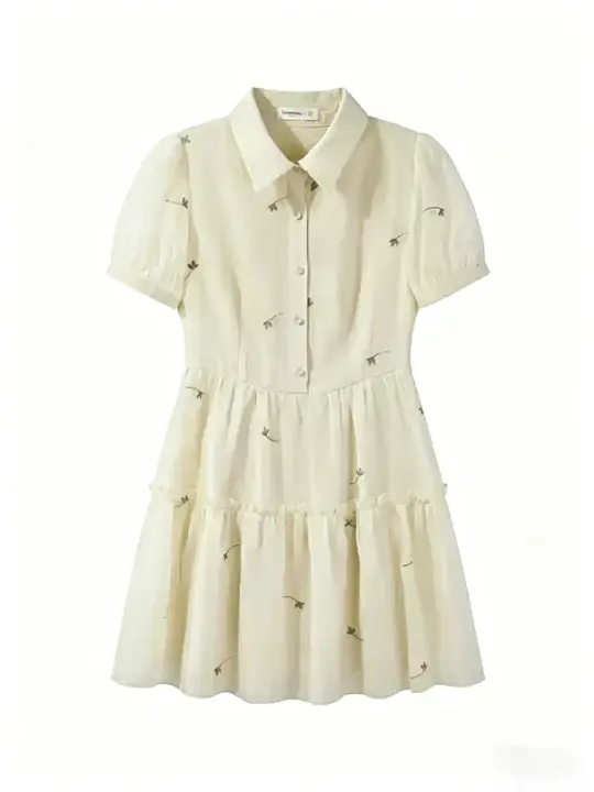Cream White Embroidered Shirt Dress with Puff Sleeves & Tiered Skirt R9177