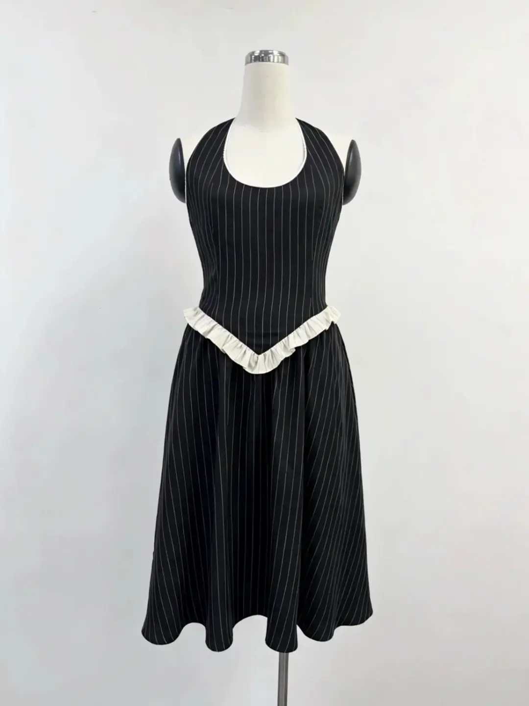 SAMPLE #389 - S Tencel Stripe Halter Midi Dress - Black