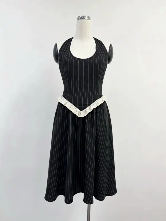 SAMPLE #389 - S Tencel Stripe Halter Midi Dress - Black