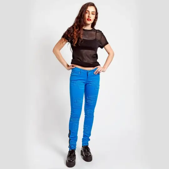 Distressed Patch Blue Skinny Jeans with Ankle Zips by Tripp NYC