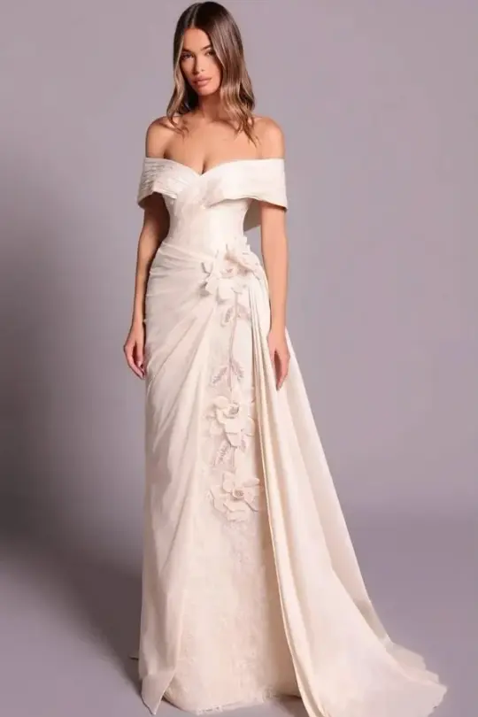 Hazy Ivory A-Line Bateau Satin 3D Floral Corset Maxi Wedding Dress RS1984