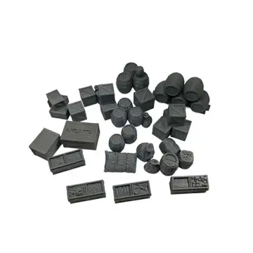 A comprehensive set of unpainted 28mm scatter terrain featuring stacked barrels, wooden crates, open provision boxes, and grain sacks, designed to clutter ship decks and docks for TTRPGs.
