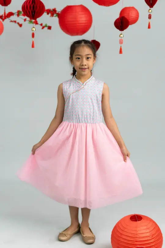 Flare Tulle Cheongsam - Pink Teal Mosaic