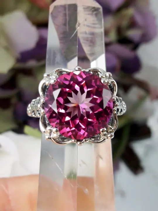 Natural Pink Topaz Ring, Size 8, Sterling Silver Victorian Filigree #D103 - Ready to Ship