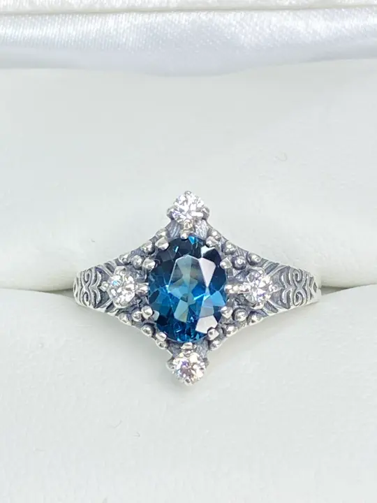 Natural Swiss Blue Topaz Ring, Size 7, Moissanite Accents, Victorian Filigree Jewelry #D24 - Ready to Ship