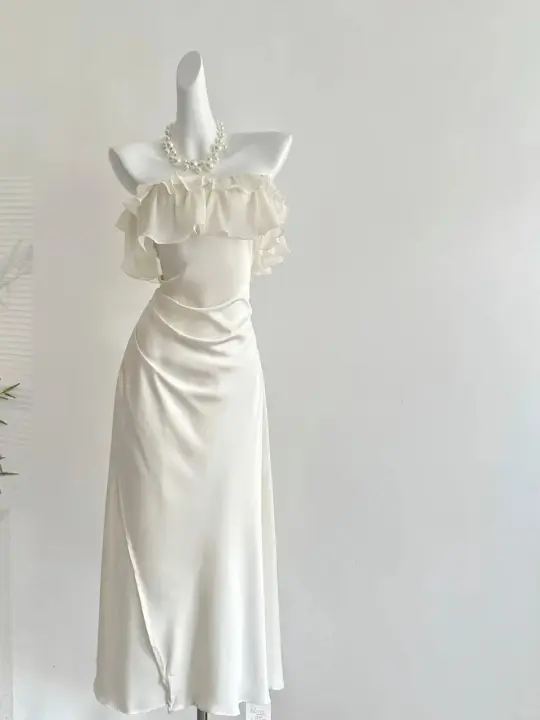 Elegant Off-Shoulder Satin Dress with Lace-Up Back R9126