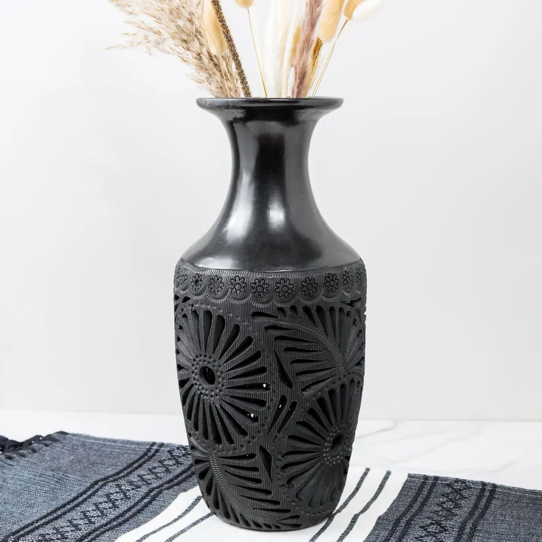 Barro Negro, Black Clay Openwork Decorative Vase