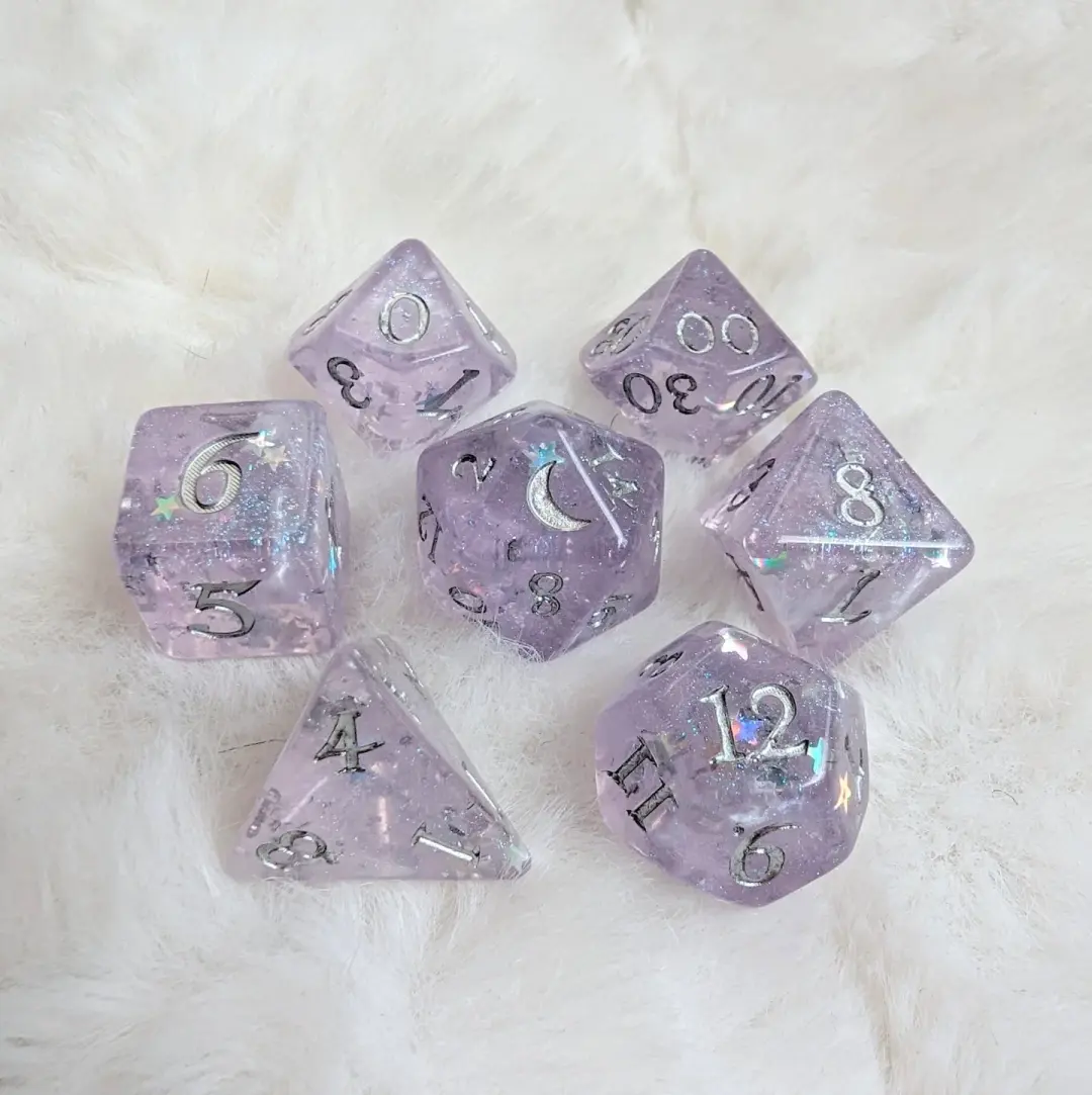 Lavender Moonbeam Dice Set – 7-Piece White Pearl Shimmer DnD Dice | Fennek & Finch