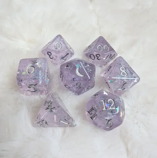 Lavender Moonbeam Dice Set – 7-Piece White Pearl Shimmer DnD Dice | Fennek & Finch