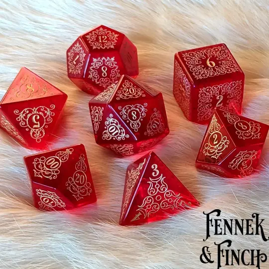Garden Gate Red Glass Gemstone Dice Set – 7-Piece DnD Dice | Fennek & Finch