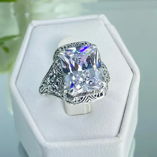 White CZ Ring, Size 8, 5ct Rectangle Gem, Vintage Jewelry #D200 - Ready to Ship