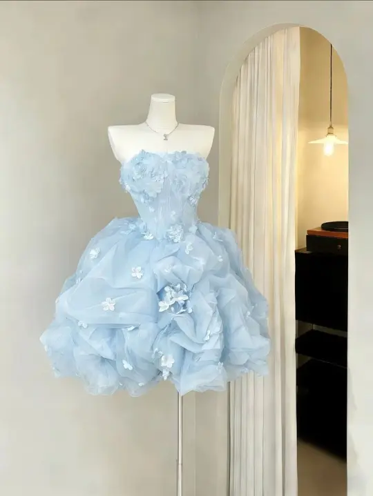 Elegant Pale Blue A-Line Strapless Applique Bodycon Mini Birthday Dress Homecoming Dress RS214