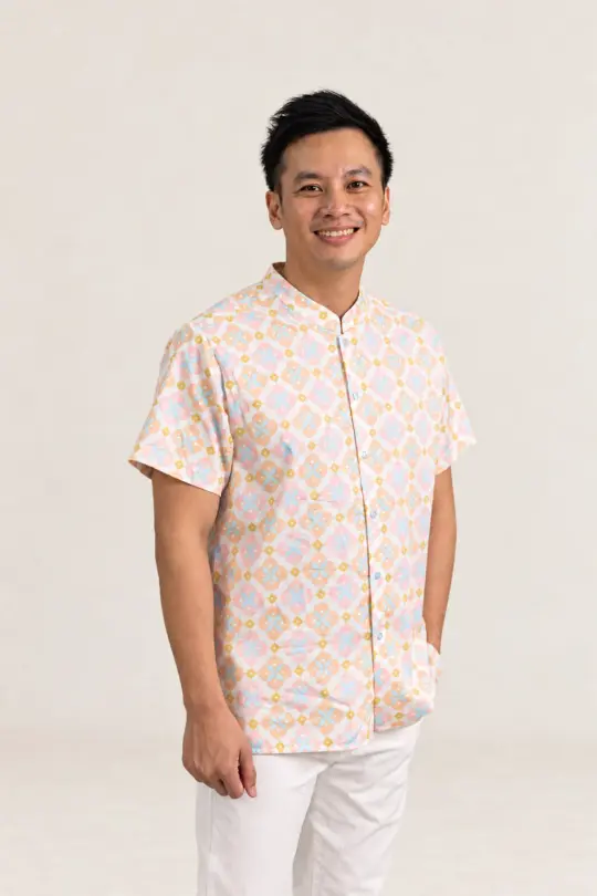 Men's Mandarin-collared Shirt - Cream Lucky Coins