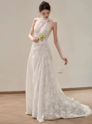 French Chic White A-Line Halter Lace Corset Maxi Wedding Dress RS761