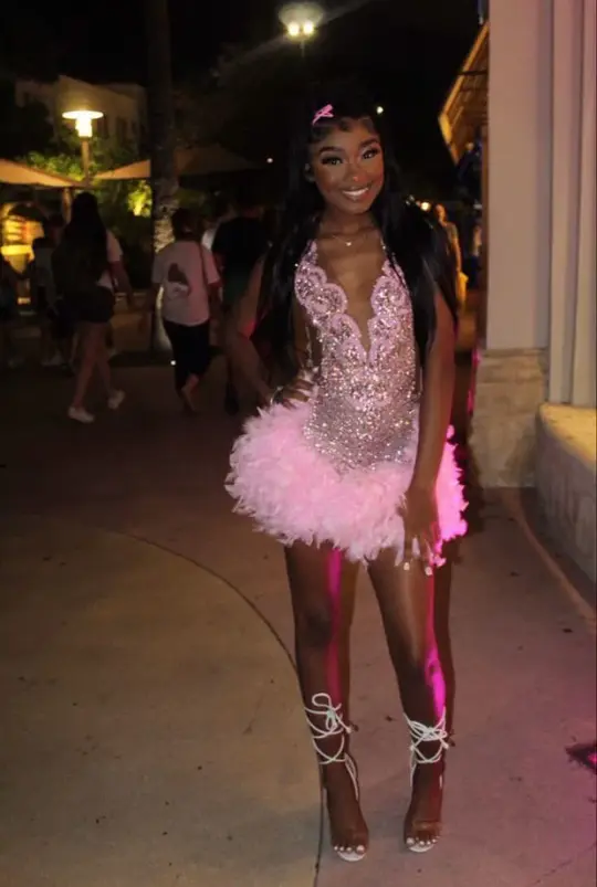 Sparkling Pink A-Line V-neck Sequin Feather Trim Bodycon Mini Party Dress Homecoming Dress RS194